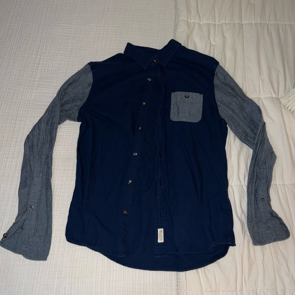Navy blue and grey button up dress shirt